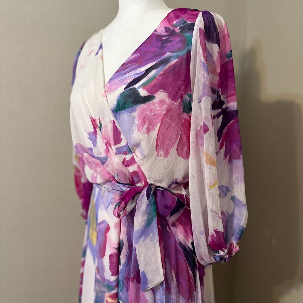 DKNY Women's Floral-Print Balloon-Sleeve Tie-Waist V-Neck Dress Size 12 - Picture 3 of 10